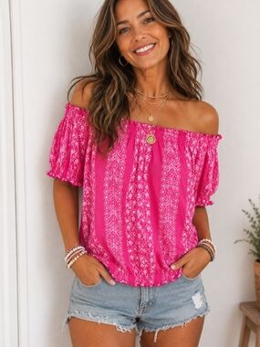 Lane Bryant XL Pink Off-Shoulder Boho Peasant Top Floral Print Blouse EUC